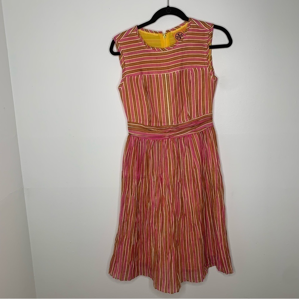 Tory Burch pink orange stripe linen silk sleeveless dress